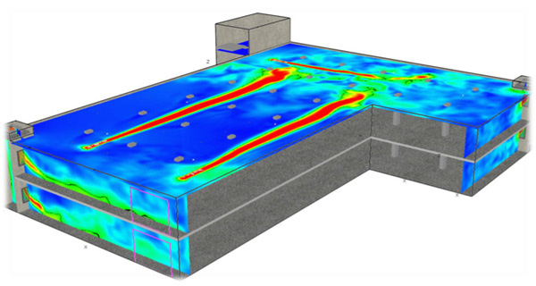 Figure 4. CFD simulation of a two-level parking garage with interconnected air-supply and extraction systems. Credit: Woods Air Movement Ltd.