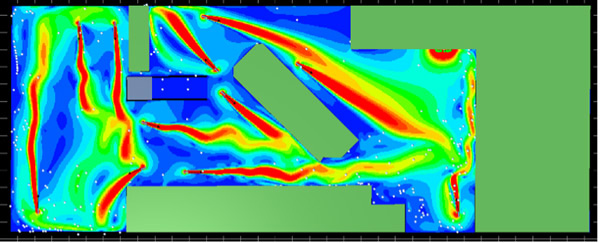 Figure 3. CFD simulation of the flow induced by 11 separate jet fans in a parking garage. The jet out of each fan is colored red, with slower-moving air colored blue. This was the final simulation in a series of simulations intended to refine the design until it met code requirements for both normal and emergency operating modes. Credit: Woods Air Movement Ltd.